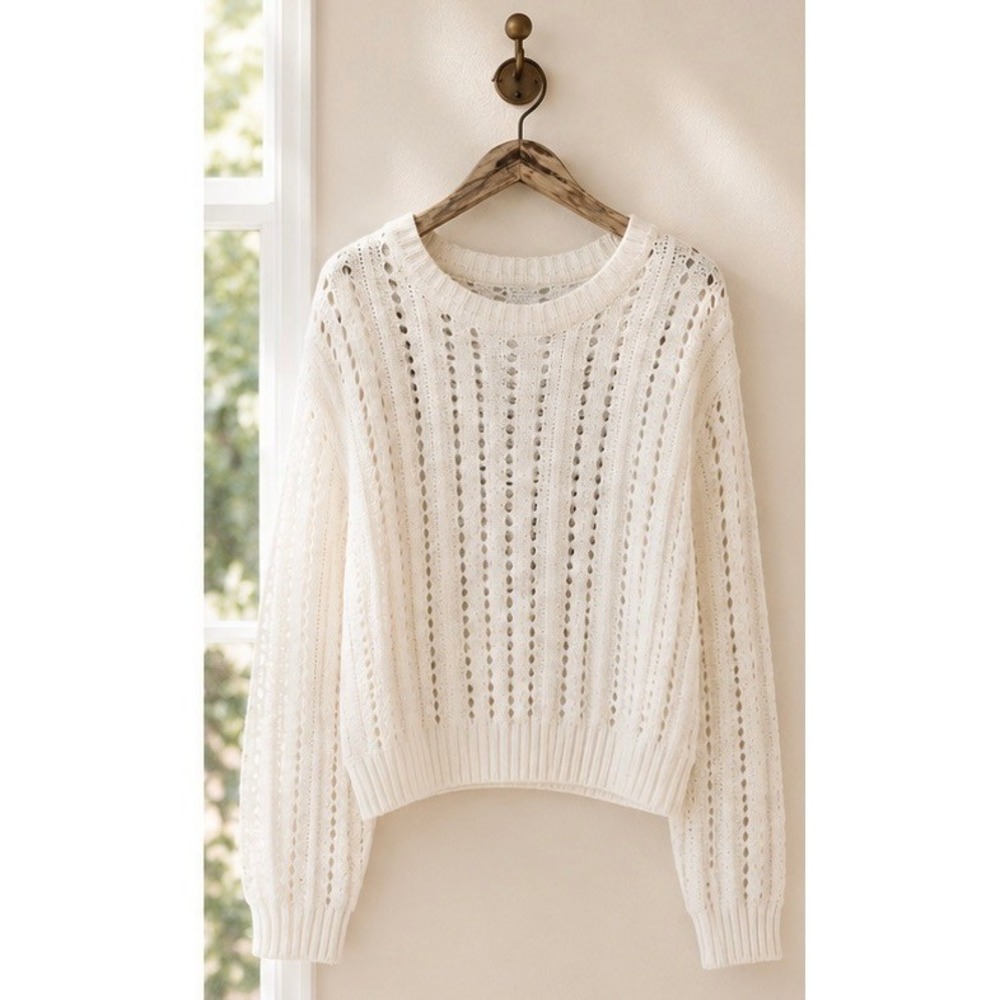 FCT WITH LOVE Sweater Pointelle Open Knit Crewneck‎ White Size Medium J4K2192S